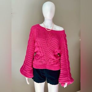 Express- Pink Cable Knit Chenille Boat Neck Balloon Sleeve Sweater